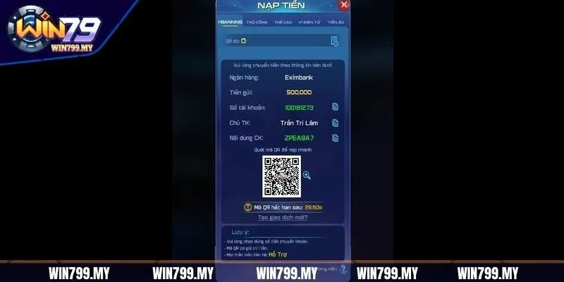 Giao diện nạp tiền WIN79 đơn giản